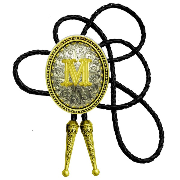 Moranse Bolo Tie - Corbata de medalla ovalada con inicial dorada de la A a la Z en vaquero occidental con corbata de cordón de cuero de vaca, X, X
