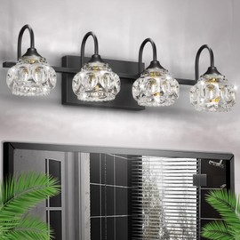 4-Light Bathroom Vanity Light Fixtures, Matte Black Modern Vanity Lights with Crystal Glass Shade, Over Mirror Modern Wall Lights for Kitchen Dinning Room Bedroom Balcony Hallway