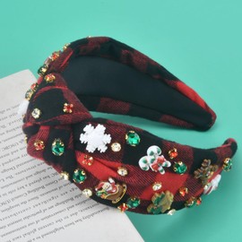 ABONDEVER Christmas Headbands for Women Rhinestone Knotted Headband Jeweled Santa Headband Crystal Snowflake Plaid Holiday Headband Christmas Hair Accessories Gifts (Black Red Plaid)