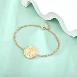 FJ 18ct Gold Plated Saint Benedict Bracelet 925 Sterling Silver St Benedict Bracelet NR Cross Protection Bracelet Round Coin Antiqued Religious Protector Talisman Jewellery for Men Women