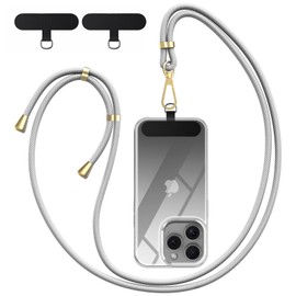 Rockbamb Crossbody Phone Lanyard Strap with 2 Pack Patchs, Adjustable Universal Nylon Neck Strap Compatible with Most Smartphones and Cases, Silver