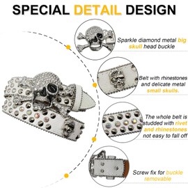 EVERBLTING SW Rhinestones Skull Belt, White, 105: fits waist from 30"-34"