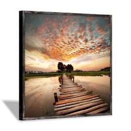 Hardy Gallery Sunset Landscape Painting: Boardwalk Stair to Heavy Sunset Lake Picture Print on Rustic Wood Wall Art Framed (12” x 12”)