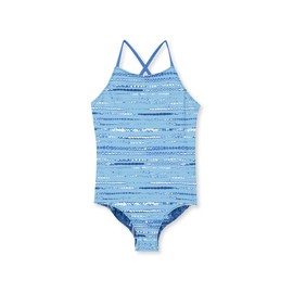 Lands' End Girls Chlorine Resistant Reversible One Piece Swimsuit Medium Tiki Ocean/Aqua Bubbles
