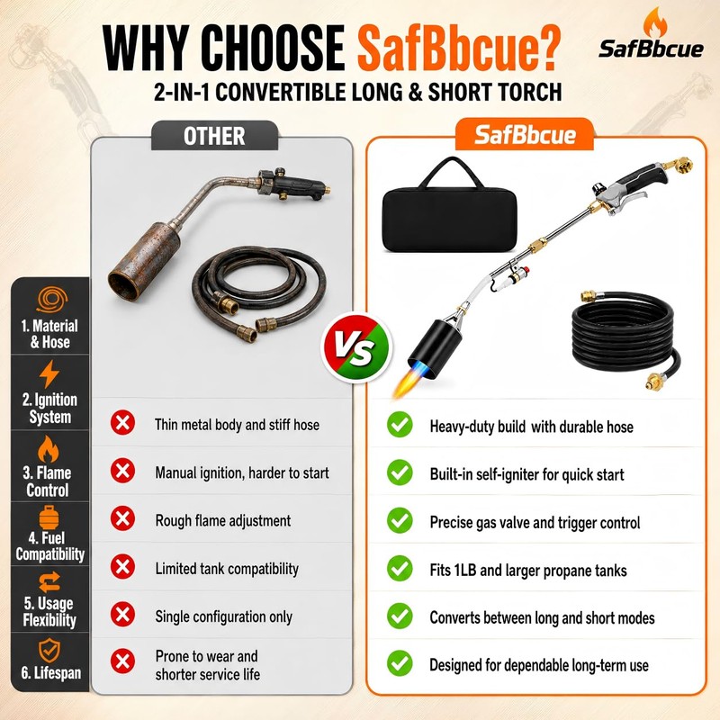 SafBbcue Propane Torch Weed Burner | 12.5FT Hose, 2 Modes