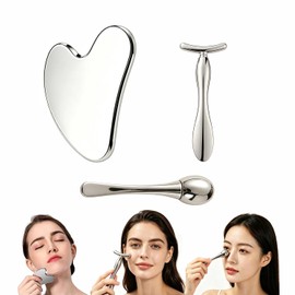 Guibell Set Guasha Acero Inoxidable 3 Piezas para Cara y Cuerpo | Incluye placa corazón,varita T y rodillo,ideal para relajar músculos y realizar tratamientos de guasha en rostro y cuerpo