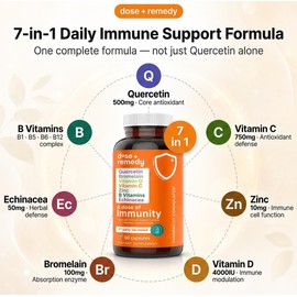 A Dose of Immunity - 7 in 1 Quercetin 500mg Supplement with Bromelain, Zinc, Vitamin C, Vitamin D & Vitamin B Complex Echinacea Immune Support Booster Supplements - 60 Count