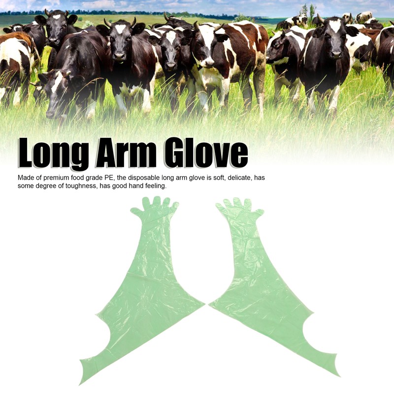 50Pcs Disposable Long Arm Glove PE Green Veterinary Examination Artificial