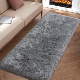 Grey Fluffy Rug for Bedroom, 2'X6' Faux Fur Rug for Runner, Gray Soft Shag Rug for Sofa Couch Cushion, Cozy Shaggy Fuzzy Plush Floor Carpet for Nursery, Cute Bedside Dorm Home Decor Rectangle