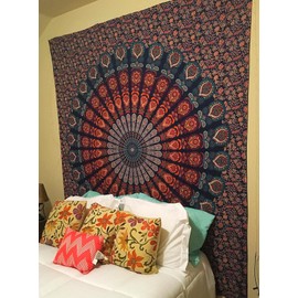 Bless International Indian hippie Bohemian Psychedelic Peacock Mandala Wall hanging Bedding Tapestry (Golden Blue, Twin (54x72Inches)(140x185cms))