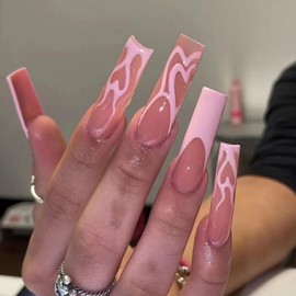 JUSTOTRY 24 Pcs Flame False Nails Long,Pink French Press on Nails Patterns,Nude Ballerina Stick on Nails for Women, Acrylic Coffin Fake Nails Medium for Nail Art
