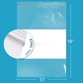 GPI - 13" x 18" - XL - Pack Of 50, 4 Mil Thick, Heavy Duty, Clear Plastic Reclosable Freezer Zip Bags, With White Block for Labeling, Strong & Durable Poly Baggies With Resealable Zipper Top Lock.