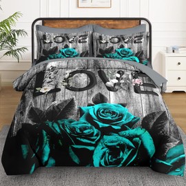 WeCozy 7 Pcs Queen Size Comforter Set with 2 Pillowcases & 2 Shams, Cyan Rose Flower Love Bedding for Kids and Adults, Summer Vintage Woodboard Bed in a Bag with Flat Fitted Sheet