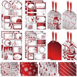 Gilprop 64 Christmas Gift Tags Stickers 8 Christmas Tags Present with String 8 Holiday Postcards Reindeer Snowflake Santa to and from Labels Self Adhesive for Xmas Gifts Presents Wrap(Silver,Tree)
