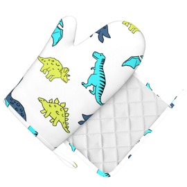 Indokyeyqaz Cartoon Cute Dinosaur Oven Mitts and Pot Holders Sets, Home Silicone Heat Resistant BBQ Gloves for Kitchen Baking Cooking Grilling Microwave