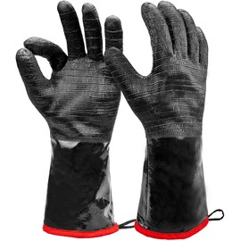 Heat Resistant BBQ Gloves, Long Sleeve Grill Gloves, Textured Gripto Handle Wet, Geasy or Oily Foods Fire and Food Safe Turkey Fryer Grill Oven Mitts for Smoker, Grilling and Barbecue Small 14"