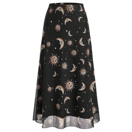 FEAPHY Women's Midi Skirt Sun Moon Star Mesh High Waisted A-Line Flowy Casual Boho Long Skirt (1-Black, S)