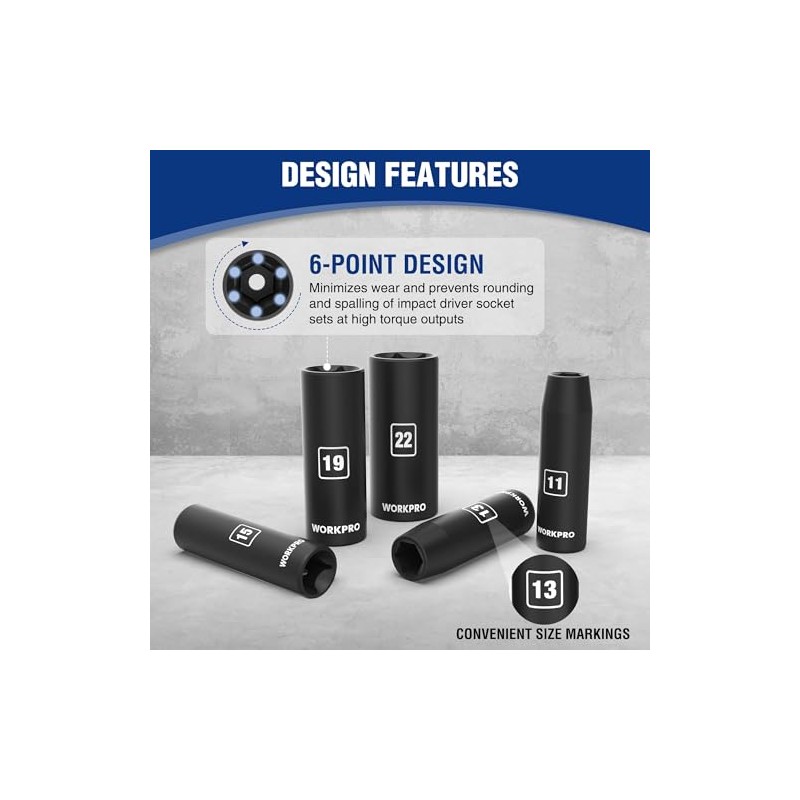 WORKPRO 20-Piece 1/2＂ Drive Deep Impact Socket Set, 6-Point, Cr-V