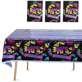 3pcs 80s 90s Birthday Party Set Supplier, Black Old Style Party Packs for Plates, Napkins, Forks and Spoons (90s Tablecloth)