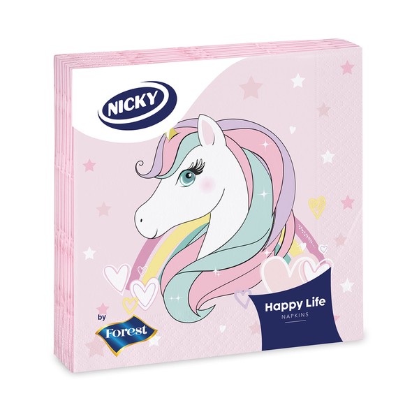 Nicky Happy Life – 20 Napkins with 3 Veils, Unicorn Pattern, Cheerful and Decorated, 100% Pure Cellulose, FSC® Certified