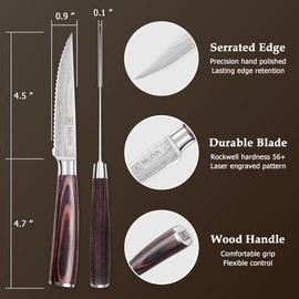 PAUDIN Steak Knives Set of 6, Kitchen Steak Knife 4.5 Inch, High Carbon Stainless Steel Steak Knives, Serrated Steak Knife with Pakkawood Handle, Dinner Knives with Gift Box