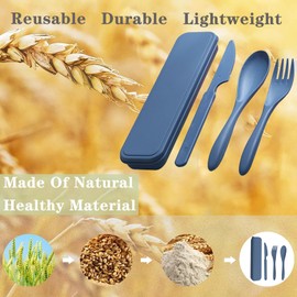Reusable Travel Utensils Set with Case, Wheat Straw Portable Plastic Fork Spoons Knife Cutlery, Camping Eco-Friendly BPA Free Tableware for Kids Adults Work Picnic or Daily Use (Blue)