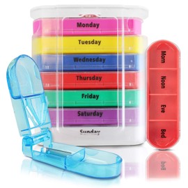Vive 7 Day Pill Organizer - Stackable 4 Times a Day Supplement & Weekly Medicine Holder - AM PM Dispenser Case with Splitter Cutter - Portable Daily Vitamin Container - Slim 7 Day Travel Calendar