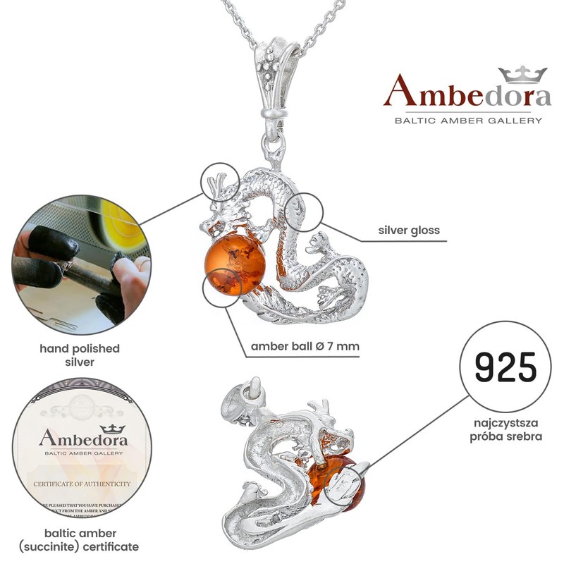 AMBEDORA Women's Chinese Dragon Necklace with Amber Ball, Polished Sterling