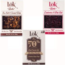 Lok Foods Variety Pack Mixed Chocolate Bars Lök | 70% Cacao, Cranberries & Pink Salt, Sea Salt and Caramel Fudge | Non-GMO, Vegan, Kosher, Gluten-Free, Bean-to-Bar | 3.0 Ounce 3 Pack