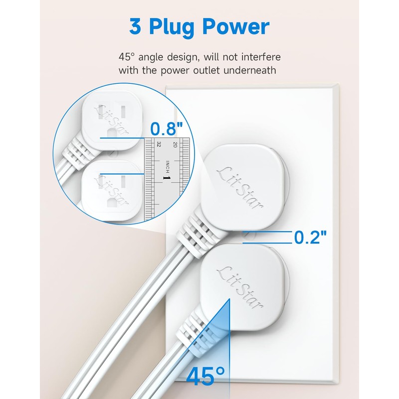 Flat Plug 1Ft Short Extension Cord, White 90-Degree Plug Low