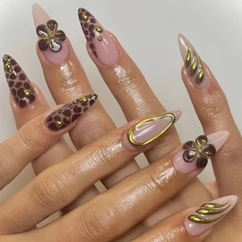 Long Almond Press on Nails with 3D Floral French Tip Fake Nails Full Cover Acrylic Nails Flowers False Nail Reusable Glossy Nail Decoration Accessories for Women Girls 24Pcs