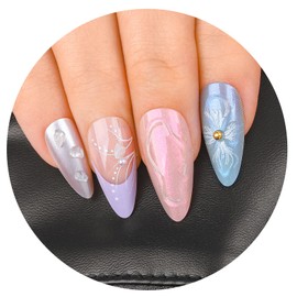 Sethexy Almond Press on Nails French Tip Blue Fake Nail 3D Butterfly False Nails 3D Love Pearls Nail Tips with Wave Texture Designs Reusable Glue on Nails for Women and Girls 24PCS (Blue1, L)