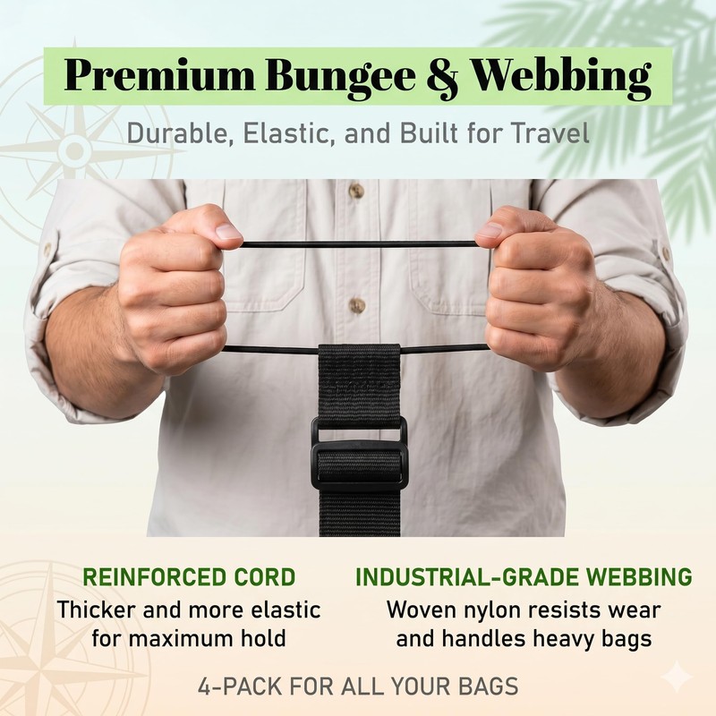Add-A-Bag Luggage Straps 4 Pack, Adjustable Elastic Bungee Travel Suitcase