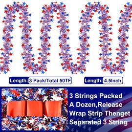 50FT 4th of July Patriotic Tinsel Garland Decorations, Red White and Blue Tinsel with Star Metallic Glitter Hanging Garland for Memorial Day 4th of July Independence Day Indoor Outdoor Decor