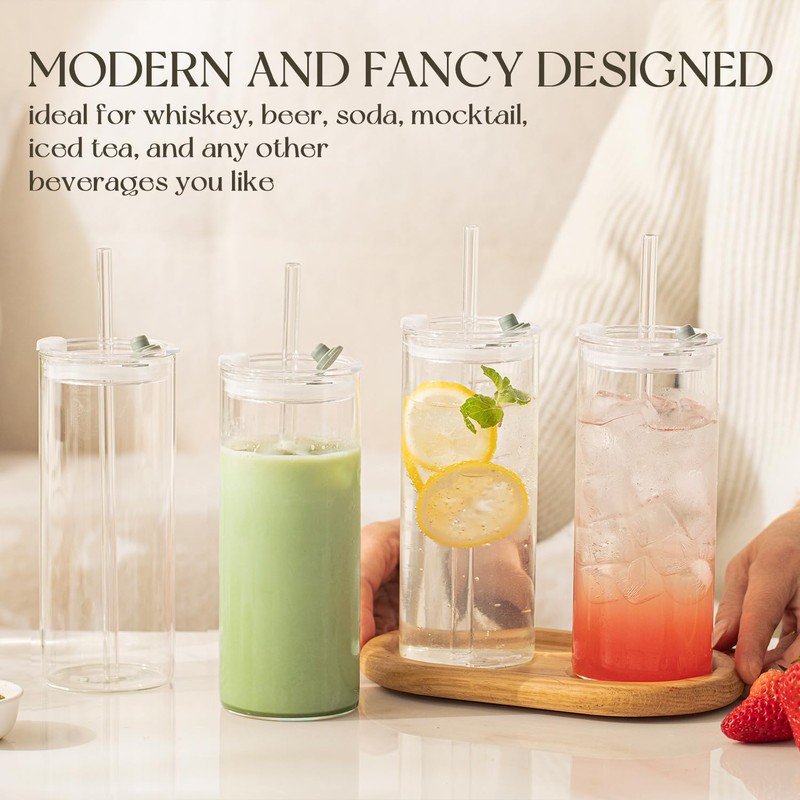 KEMORELA 6-Pack 18oz Large Round Glass Cups with Lids &