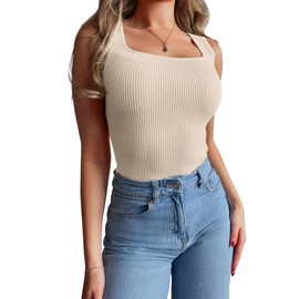 SAMPEEL Spring Tops for Women 2024 Trendy Square Neck Fitted Tank Tops Business Casual XL Almond