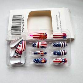 ONPRESS 24Pcs Independent Day Fake Nails Medium Square Coffin Press on Nails 4th of July Star Blue Ombre French Tip False Nails United States Flag Firework Red Line Glue on Nails for Manicure DIY