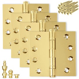 Finsbury Hardware Solid Brass Door Hinge Heavy Duty Ball Bearing Polished Shiny Gold 4.5 x 4.5 Inch with Decorative Screw-on Tips Included - Set of 4 Hinges (Polished Brass)