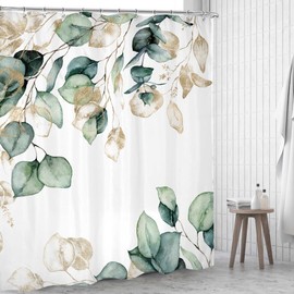 Omifly Eucalyptus Sage Green Shower Curtain 60Wx72H Inch Spring Watercolor Botanical Green Gold Leaves Plant Nature Floral Bathroom Set with 12 Plastic Hooks Fabric Waterproof Toilet Accessories Decor