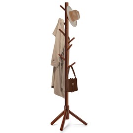 Freyawin Solid Wooden Coat Rack Freestanding, New Zealand Pine Coat Tree with 8 Hooks & 3 Adjustable Sizes for Coats, Hats, Handbags and Scarves, Space Saving for Entryway/Office/Bedroom (Brown)