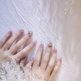 24 Pcs Nail Tips, Golden Ribbon, Pearl, Pink, Quinceanera Nail