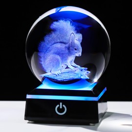 Arikyrist 3D Squirrel Figurine Crystal Ball with Colorful Light Base, Laser Engraved Squirrel Gifts for Women Men on Christmas Birthday, Squirrel Ornament Glass Decorative Ball for Home Decor (80mm)