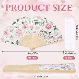 Memorywuu 50 Pcs Pink Floral Folding Hand Fan Bulk with Organza Bags Tea Party Favor Bulk for Guests Pink Rose Floral Decorative Folding Fan Foldable Handheld Paper Fans for Bridal Shower Wedding