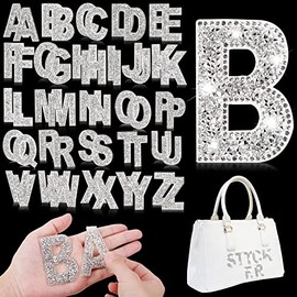 Yinder Glitter Resin Rhinestone Alphabet Letter Stickers Crystal Rhinestone Iron on Letter Self Adhesive A-Z Glitter Stickers for Art Clothing DIY Works(White, 52 Pieces)