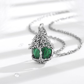 Vito Malachite Tree of Life Necklace for Women Men, Silver Plated Copper Teardrop Malachite Crystal Tree Necklace Protection Energy Amulet Jewelry Gift for Mom Wife, 20+2"