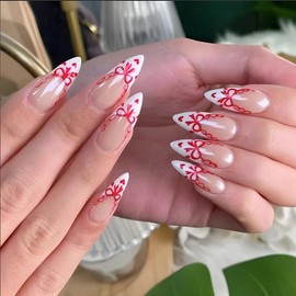 Press on Almond Nails Medium Glossy Full Cover Almond French False Nails with Heart Designs Artificial Almond Shaped Fake Nails Glue Stick ons Fingernails for Women Girls(YS401)