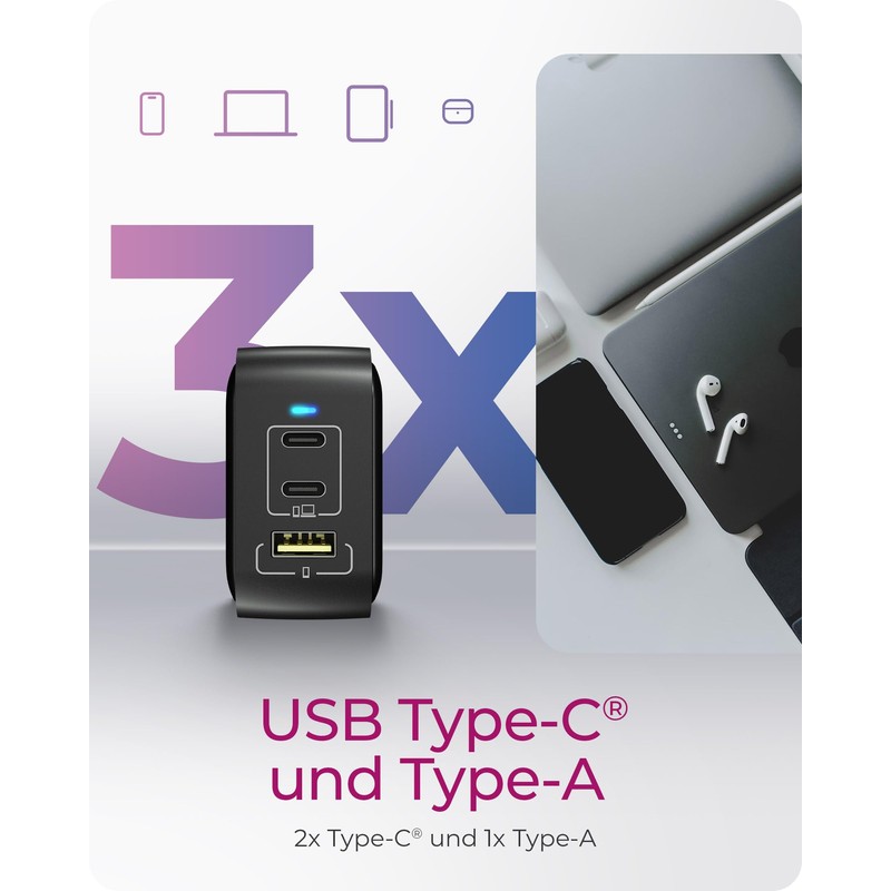 ICY BOX GaN Charger 65W - USB-C & USB-A, Power
