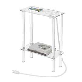 HMYHUM Acrylic Narrow Side Table with Charging Station, 7" Width, 2 Tier Small End Table for Small Spaces, Skinny Nightstand/Bedside Table with USB Ports & Outlet, Clear