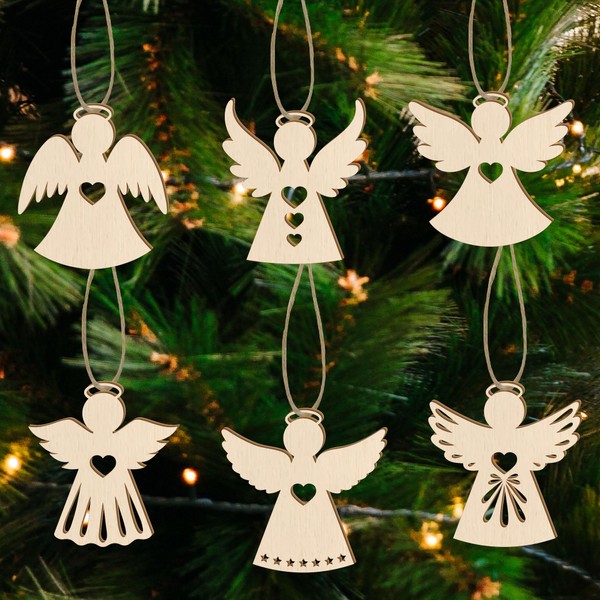 36 Pieces, Wooden Angel Christmas Ornaments, 6 Different Designs, 3.15