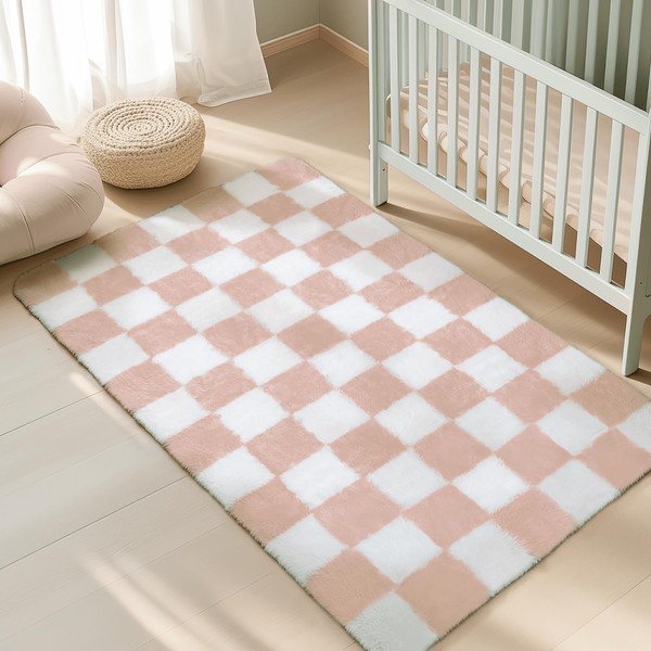 PureCozy Checkered Rug 4x6 for Living Room, Pink and White